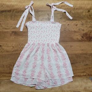 Francesca's White Pink Floral Smocked Romper Shorts Tie Straps Size M